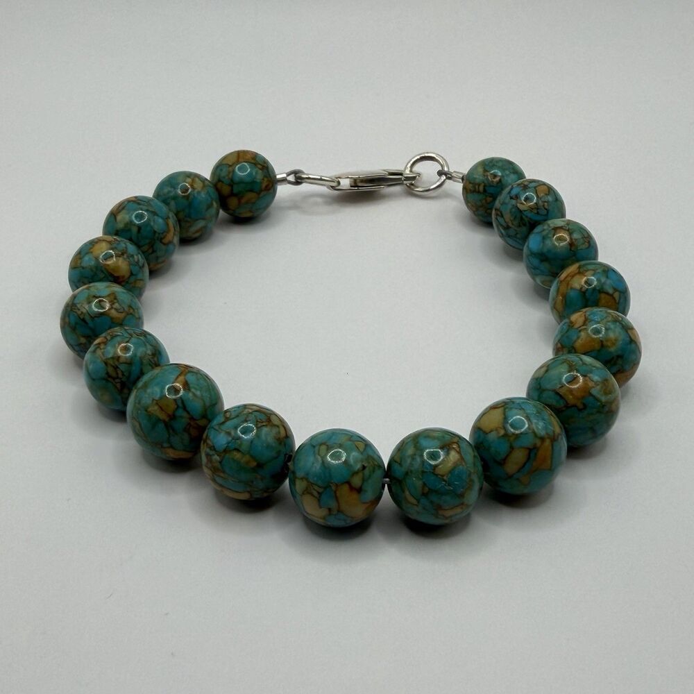 Turquoise Matrix Round Bead Bracelet Sterling Silver Clasp 8"
